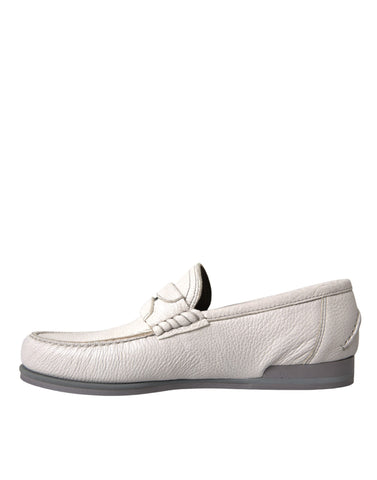 White and gray leather slip-on moccasin loafers by Dolce & Gabbana featuring sleek design and comfortable fit.