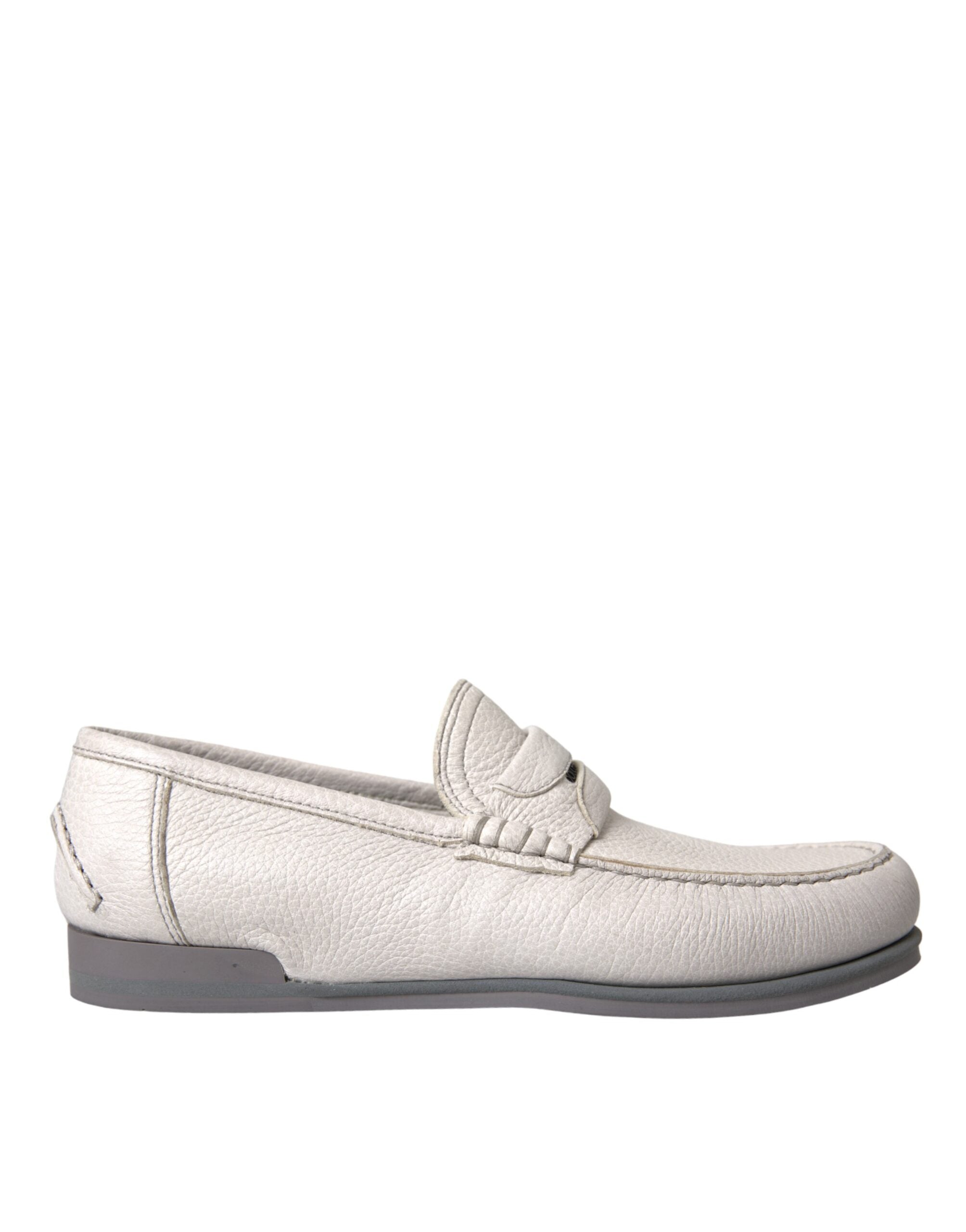 Dolce & Gabbana white and gray leather slip-on mocassin loafers shown in the image.