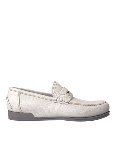 Dolce & Gabbana white and gray leather slip-on mocassin loafers shown in the image.