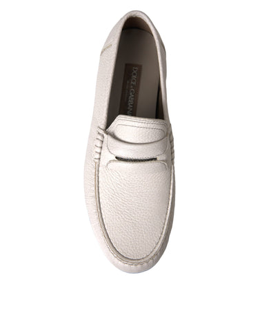White and gray leather slip-on moccasin shoes by Dolce & Gabbana, featuring a classic loafer style with sleek design.