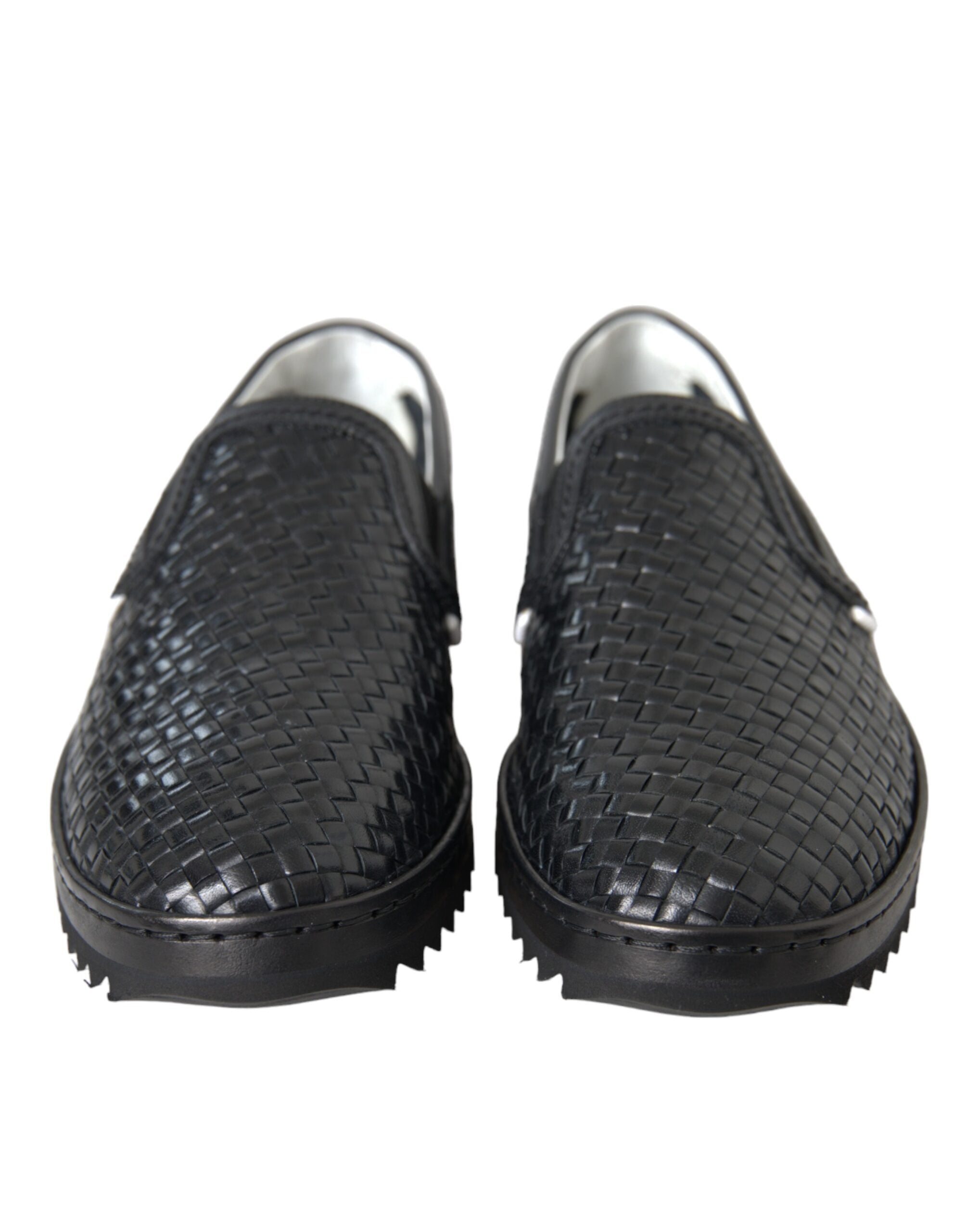 Black woven buffalo leather loafers for men by Dolce & Gabbana, featuring a sleek design and classic slip-on style.