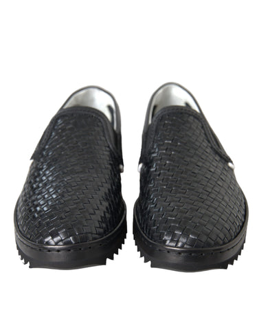 Black woven buffalo leather loafers for men by Dolce & Gabbana, featuring a sleek design and classic slip-on style.
