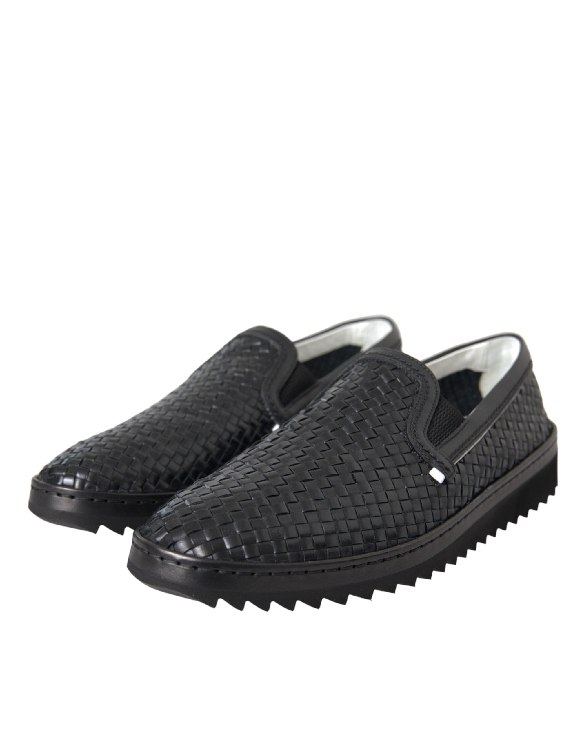 Black woven buffalo leather men's loafers by Dolce & Gabbana, featuring a sleek design and classic slip-on style.