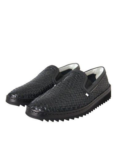 Black woven buffalo leather men's loafers by Dolce & Gabbana, featuring a sleek design and classic slip-on style.