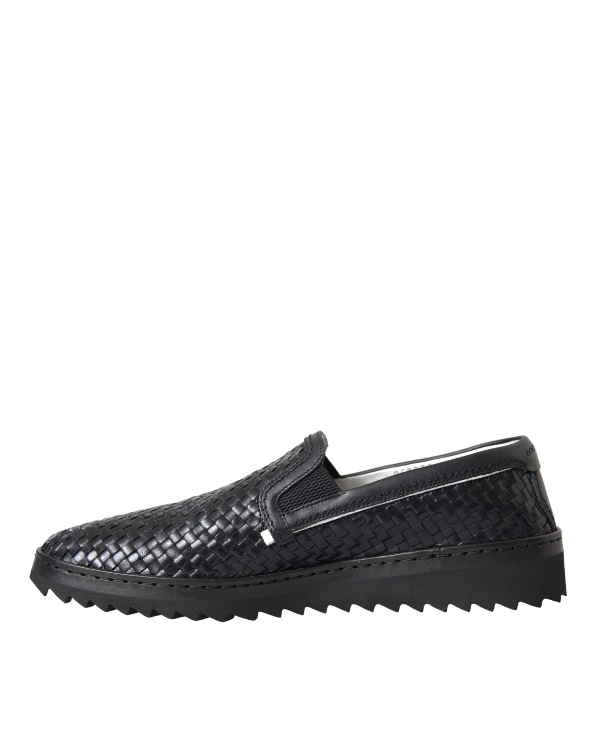 Black woven buffalo leather men's loafers by Dolce & Gabbana, featuring sleek design and classic slip-on style.