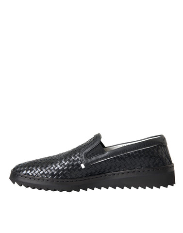 Black woven buffalo leather men's loafers by Dolce & Gabbana, featuring sleek design and classic slip-on style.