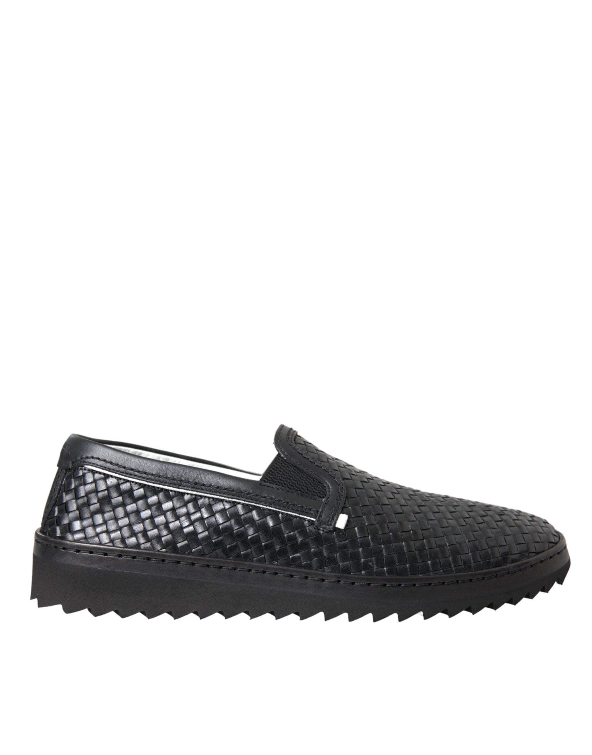 Black woven buffalo leather men’s loafers shoes by Dolce & Gabbana, featuring sleek design and textured leather upper.