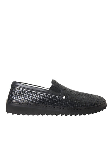 Black woven buffalo leather men’s loafers shoes by Dolce & Gabbana, featuring sleek design and textured leather upper.