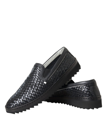 Black woven buffalo leather men's loafers by Dolce & Gabbana featuring sleek design and classic slip-on style.