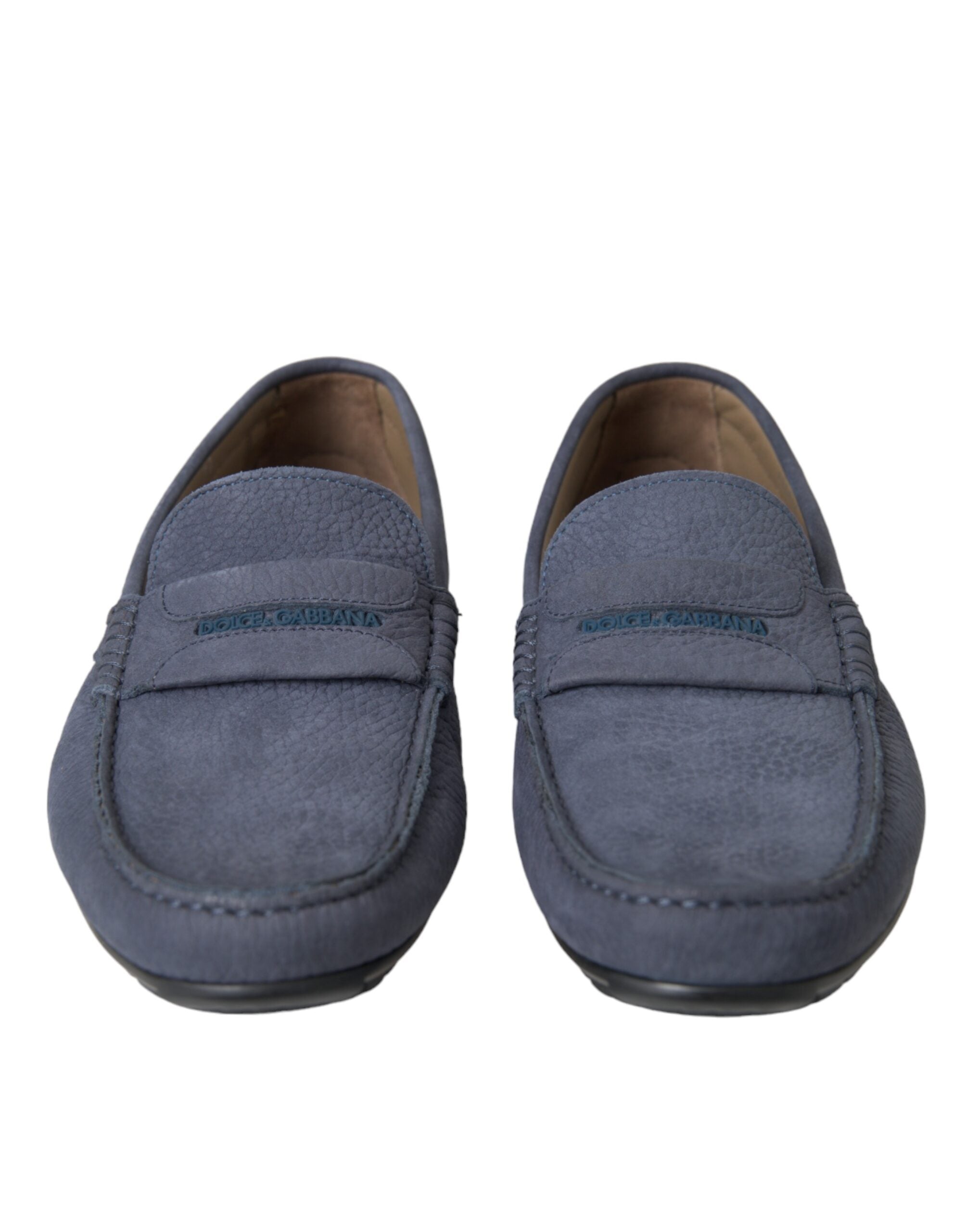 Blue calf leather slip-on moccasin shoes by Dolce & Gabbana with sleek design and classic stitching details.