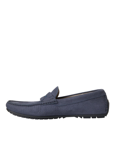Blue calf leather slip-on moccasin shoes by Dolce & Gabbana, featuring a sleek design and textured detailing.