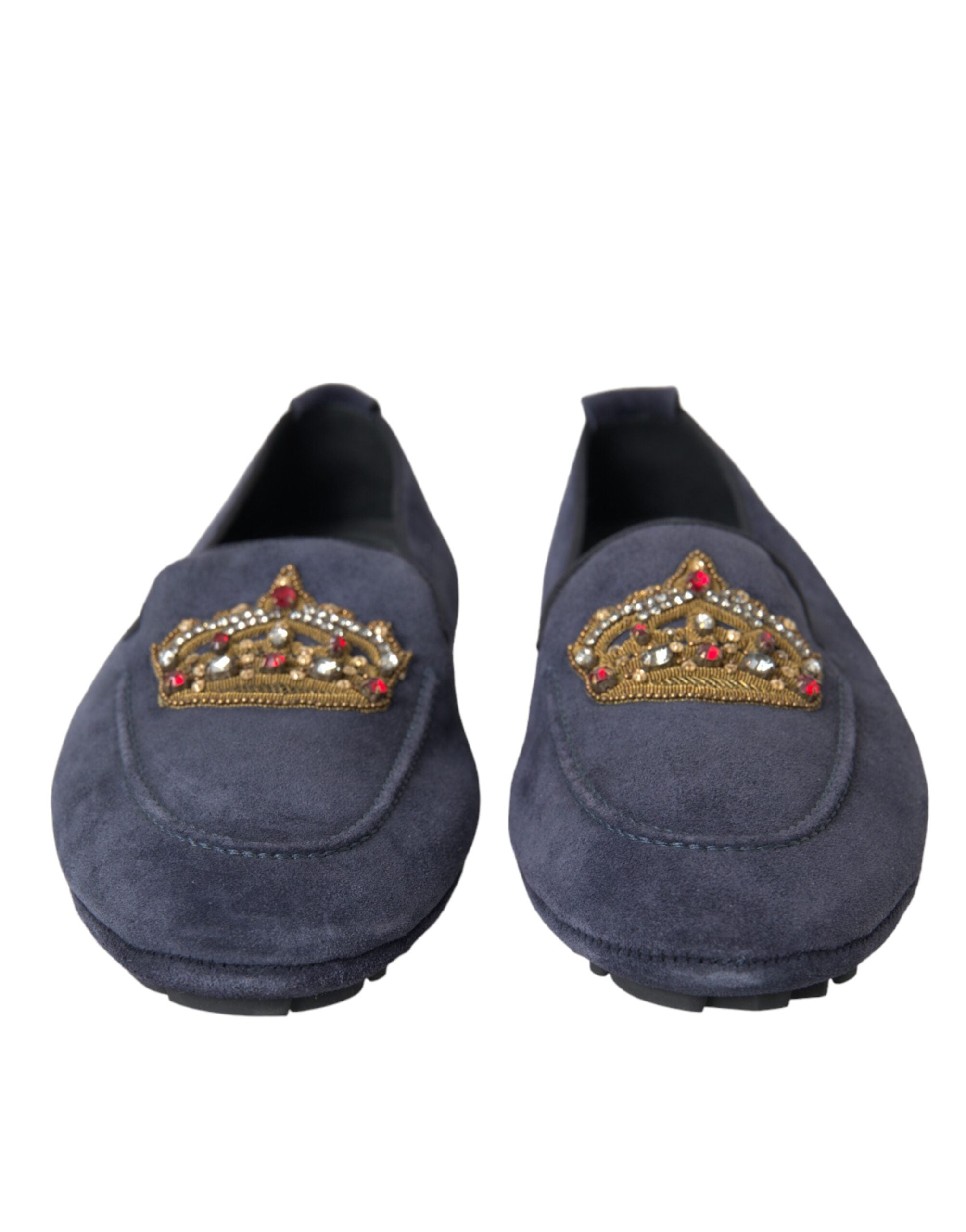 Blue leather suede crystal crown loafers shoes by Dolce & Gabbana featuring elegant design and decorative crystal details.