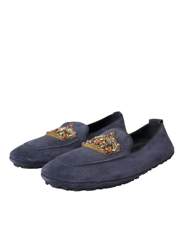 Blue leather suede crystal crown loafers by Dolce & Gabbana, featuring elegant design and decorative crystal crown embellishments.