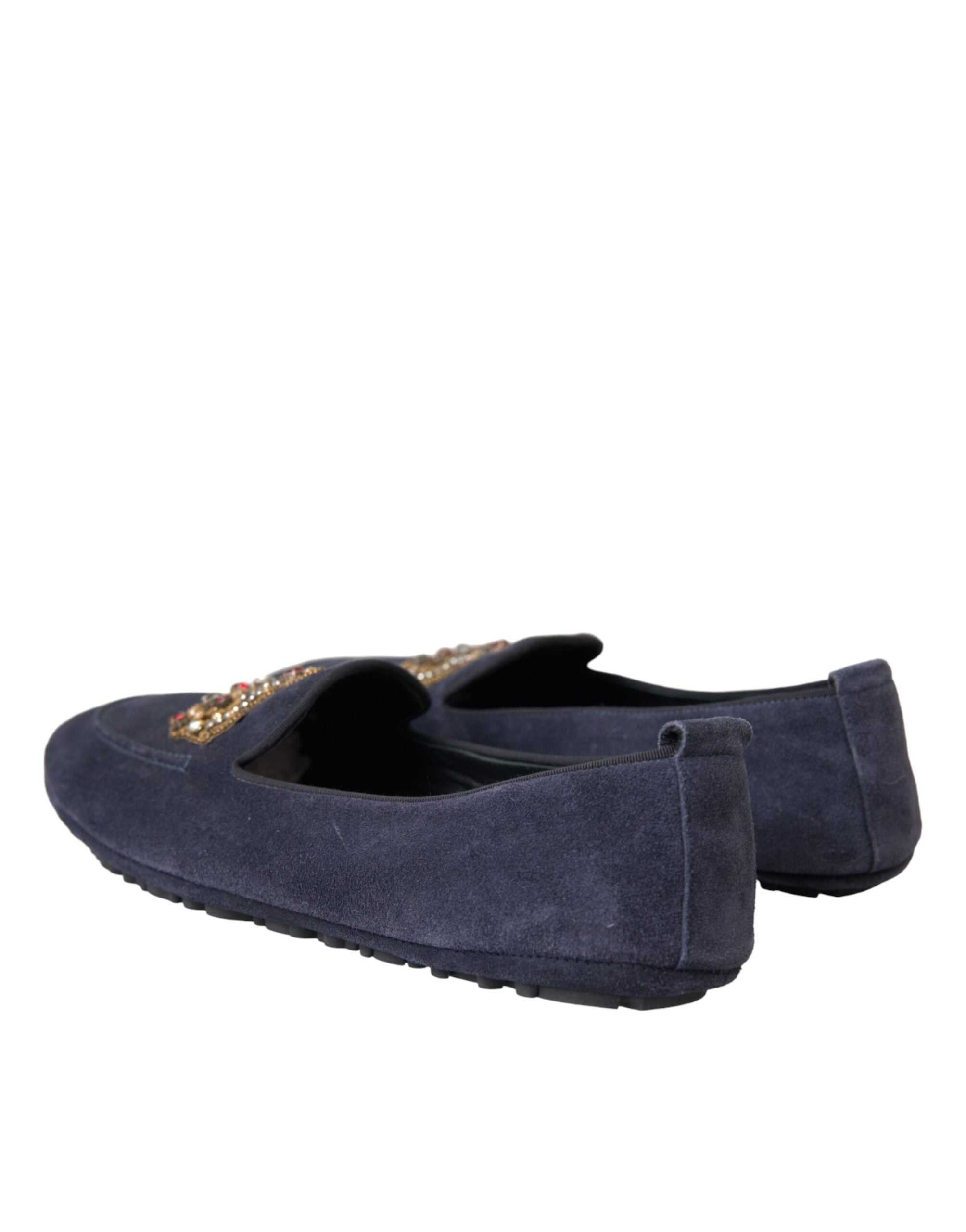 Blue leather suede crystal crown loafers shoes by Dolce & Gabbana with decorative embellishments and classic slip-on design.