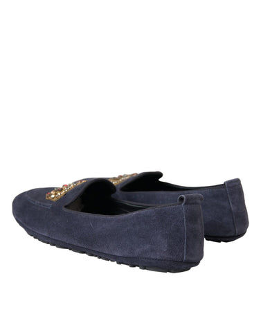 Blue leather suede crystal crown loafers shoes by Dolce & Gabbana with decorative embellishments and classic slip-on design.
