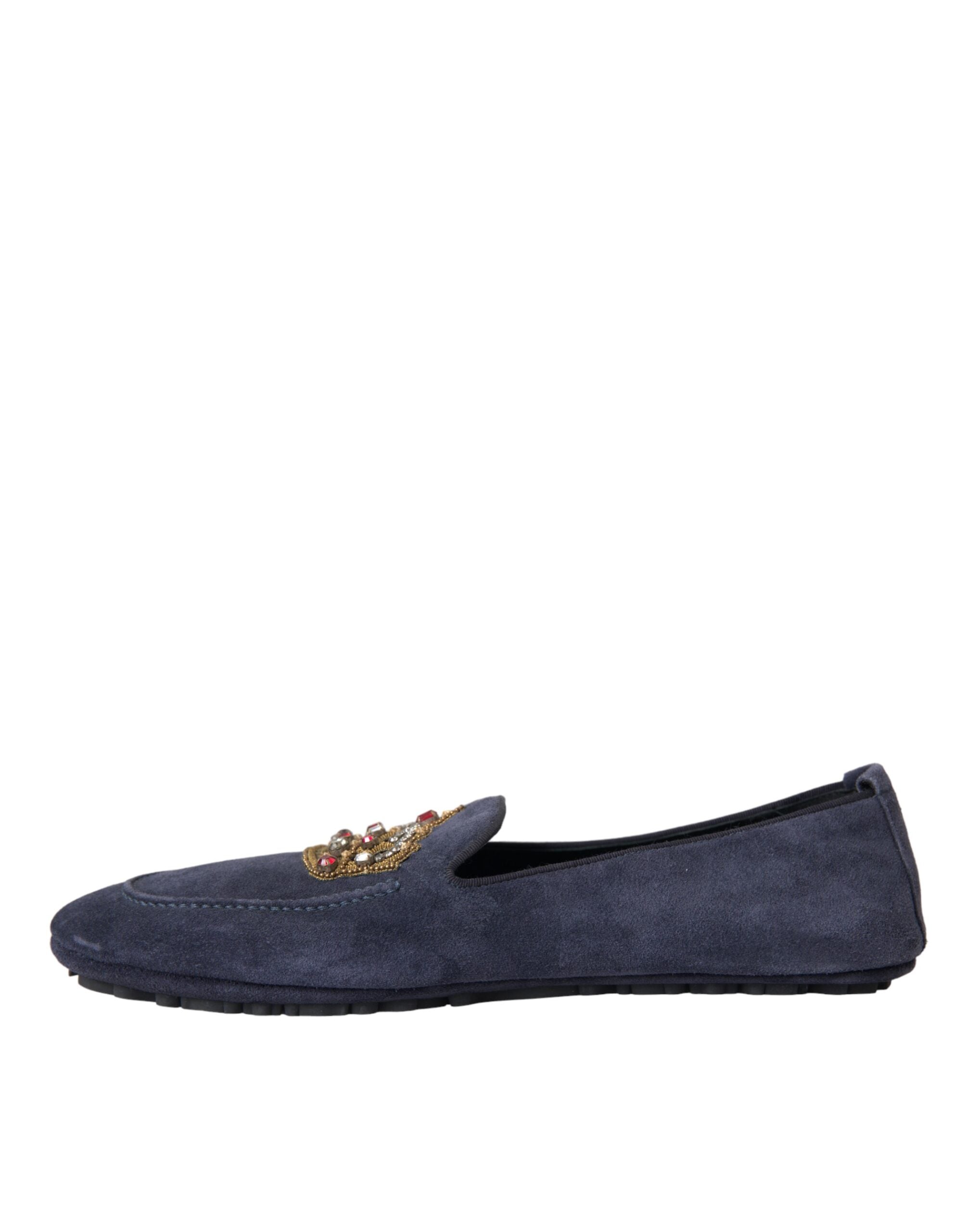Blue leather suede crystal crown loafers by Dolce & Gabbana, featuring elegant design and decorative crystal details.