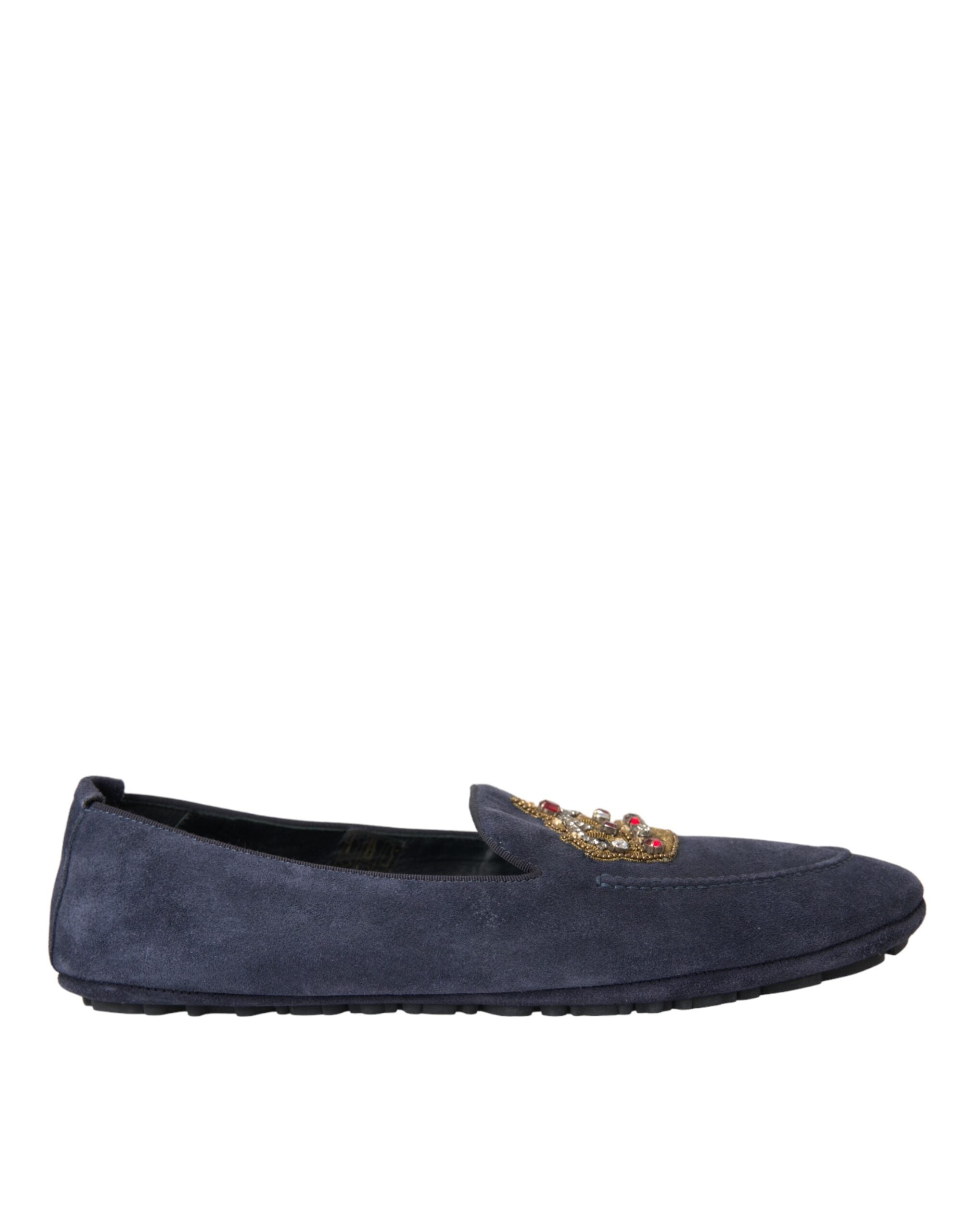 Blue leather suede crystal crown loafers by Dolce & Gabbana with decorative crystal accents and classic slip-on design.