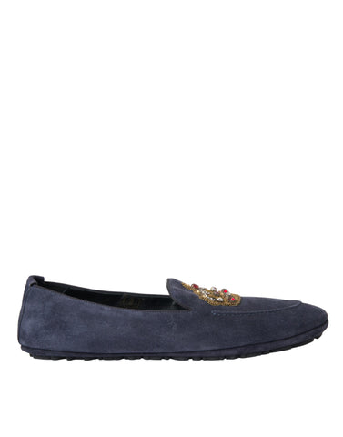 Blue leather suede crystal crown loafers by Dolce & Gabbana with decorative crystal accents and classic slip-on design.