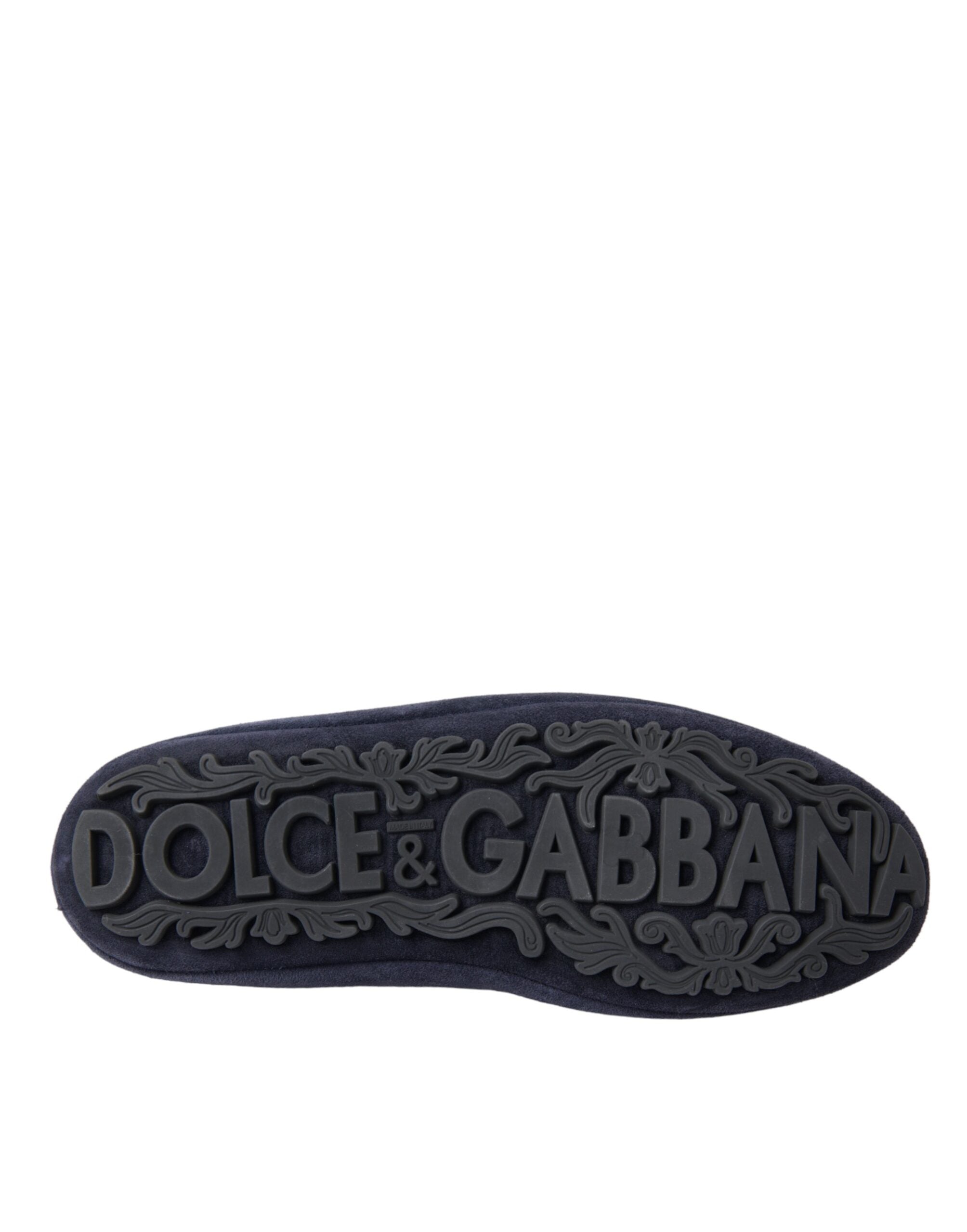 Blue leather suede loafers with crystal crown embellishments by Dolce & Gabbana, showing the detailed design and luxurious style.