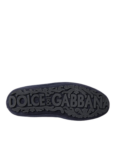 Blue leather suede loafers with crystal crown embellishments by Dolce & Gabbana, showing the detailed design and luxurious style.