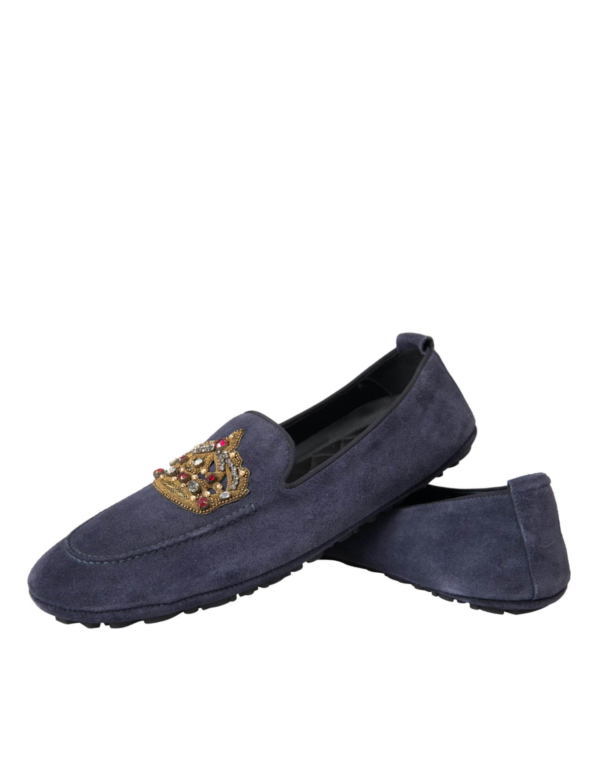 Blue leather suede crystal crown loafers by Dolce & Gabbana with decorative embellishments and slip-on design.