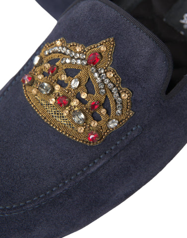 Blue leather and suede crystal crown loafers by Dolce & Gabbana, featuring elegant detailing and stylish design.
