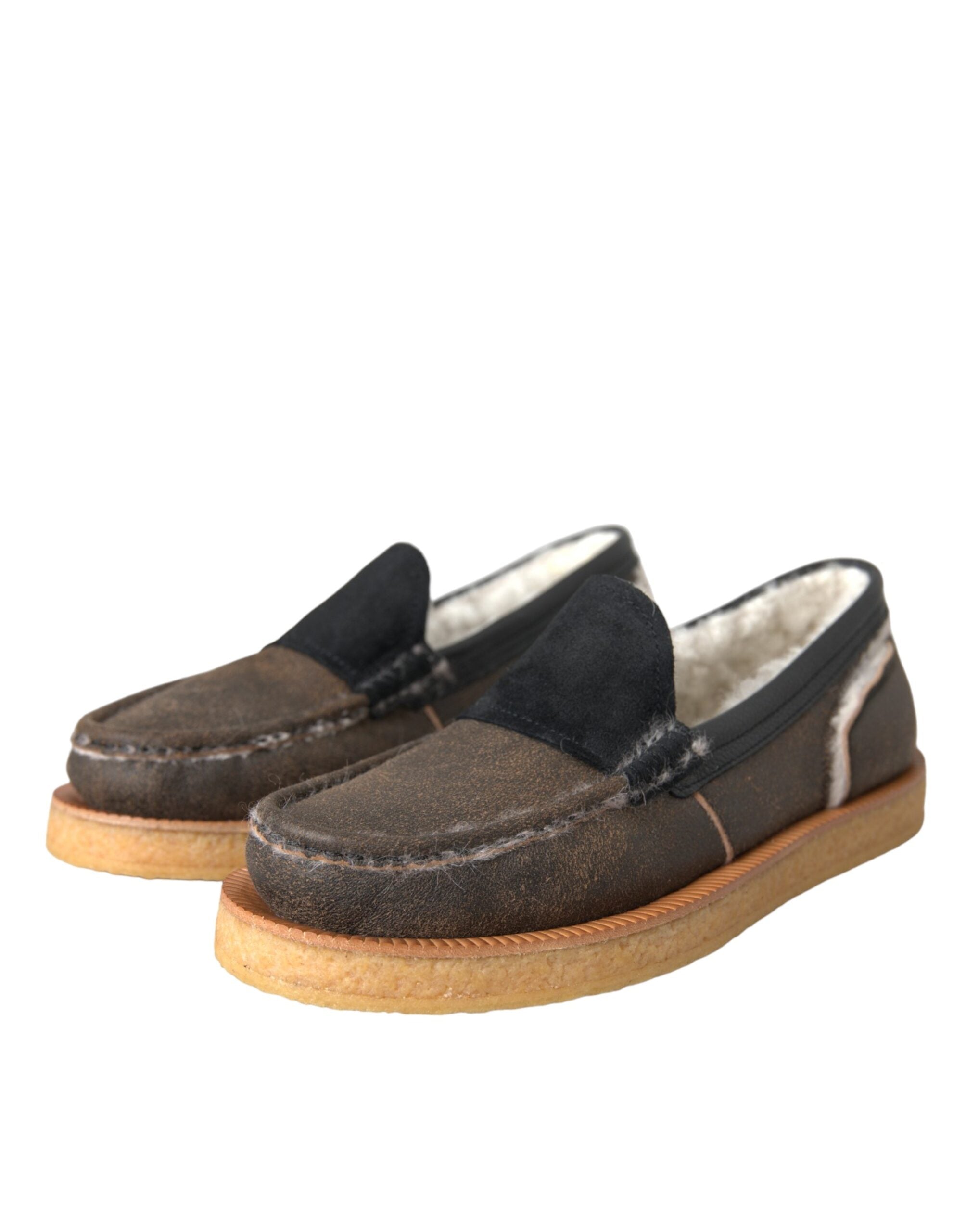 Brown and black fur leather loafers for men by Dolce & Gabbana, featuring a stylish slip-on design and premium craftsmanship.