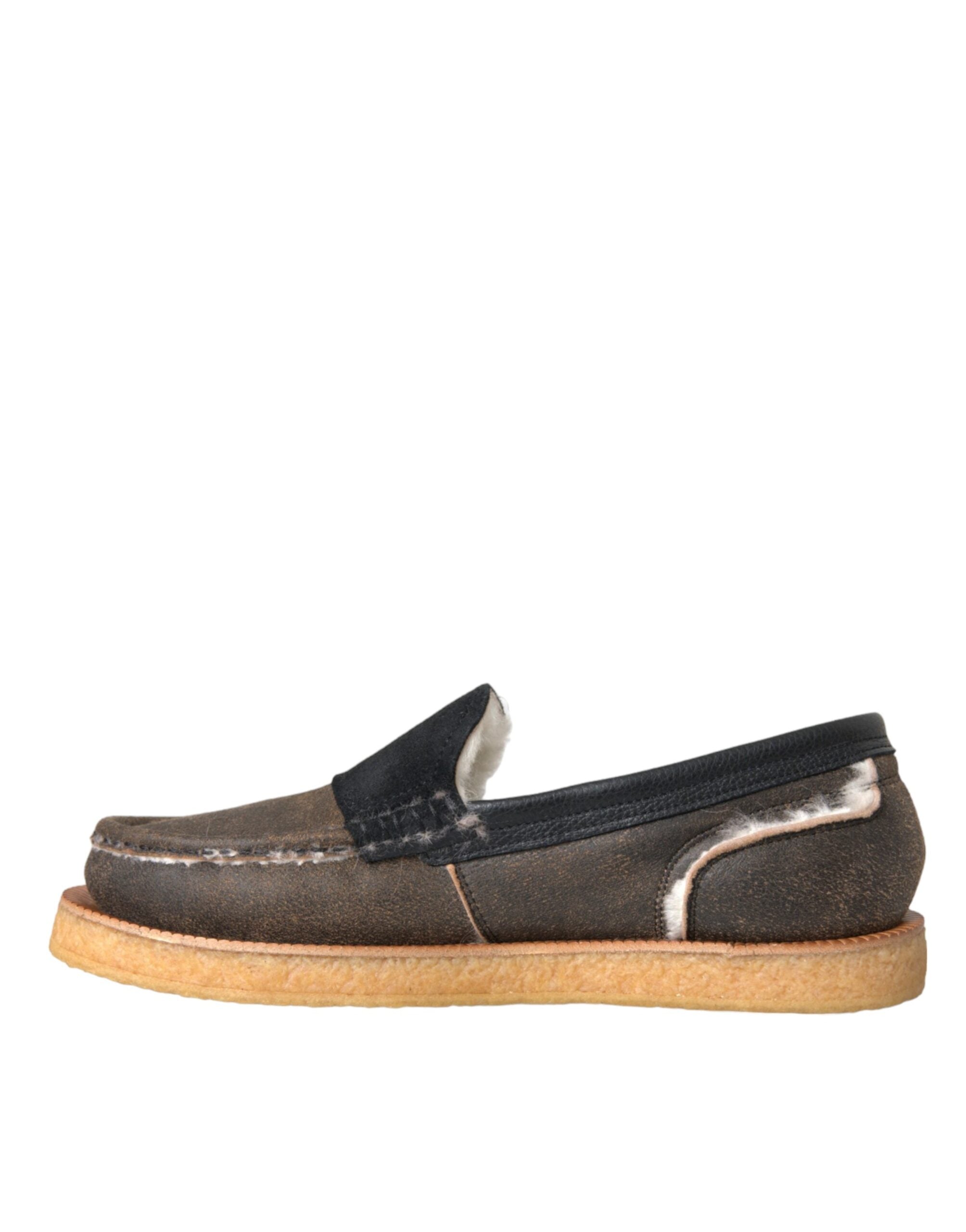 Brown and black fur leather loafers for men by Dolce & Gabbana, featuring a sleek design and classic loafer style.