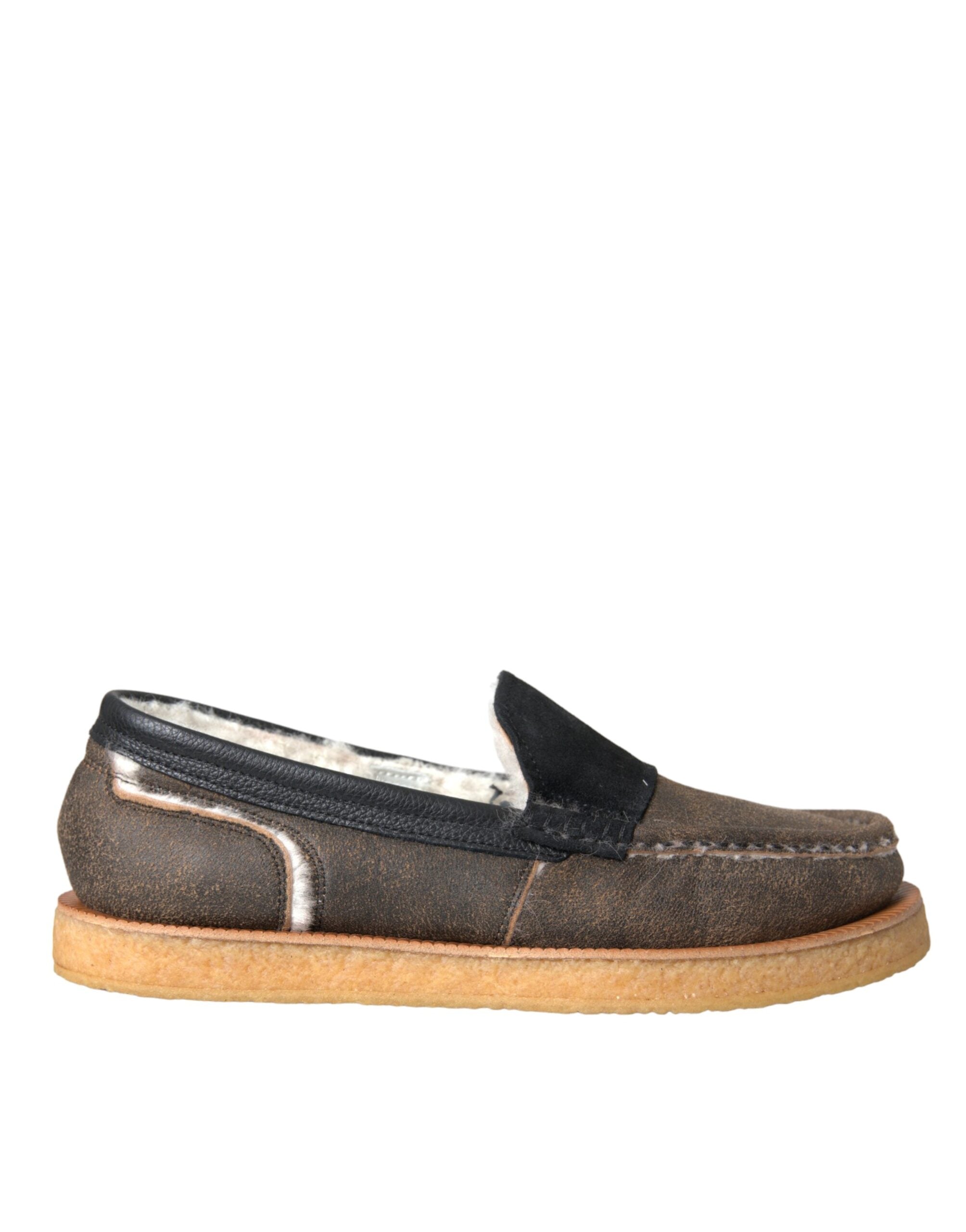 Brown and black fur leather loafers for men by Dolce & Gabbana, featuring classic slip-on design and luxurious detail.