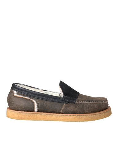 Brown and black fur leather loafers for men by Dolce & Gabbana, featuring classic slip-on design and luxurious detail.