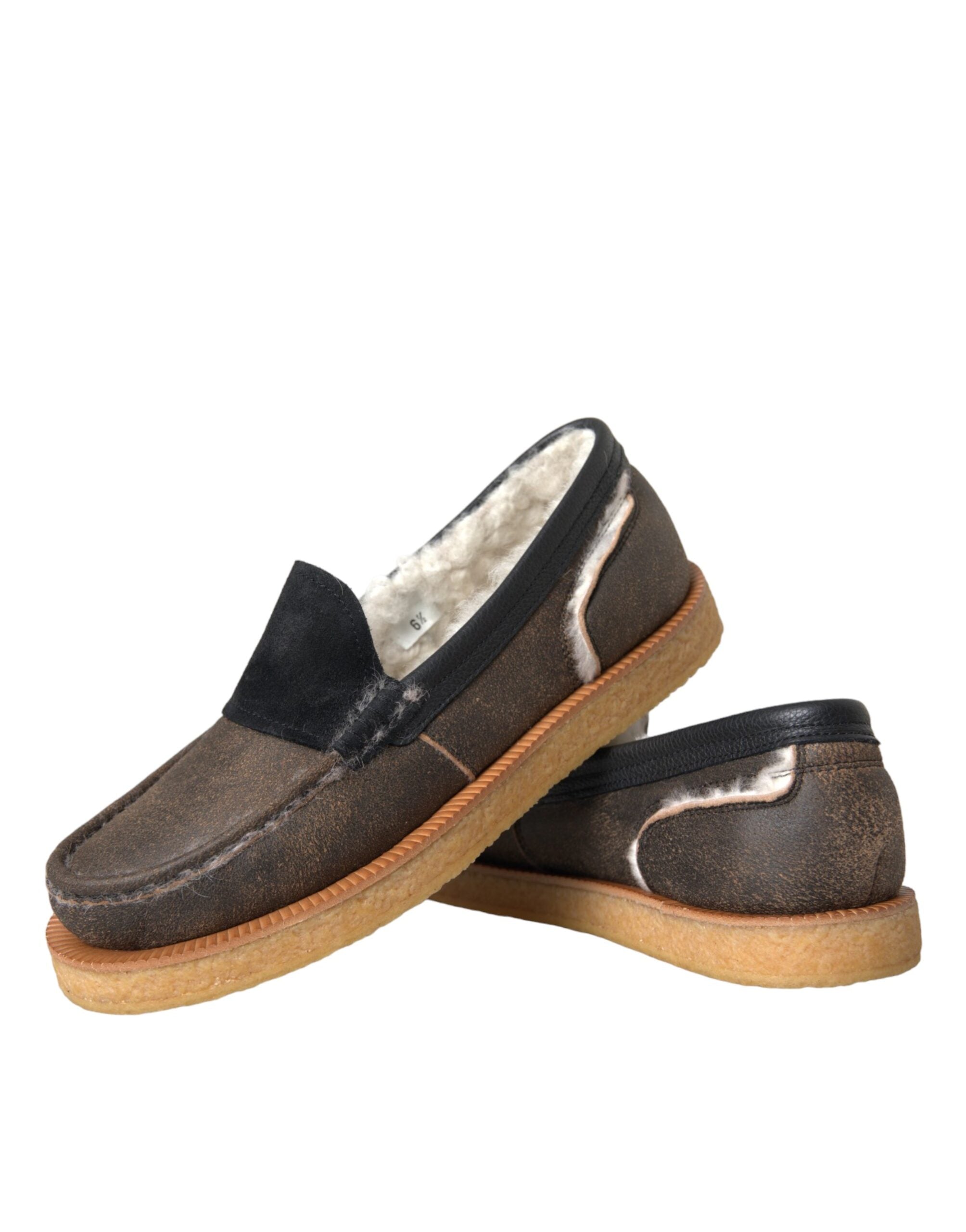 Brown and black fur leather men's loafers by Dolce & Gabbana featuring stylish design and comfortable slip-on style.