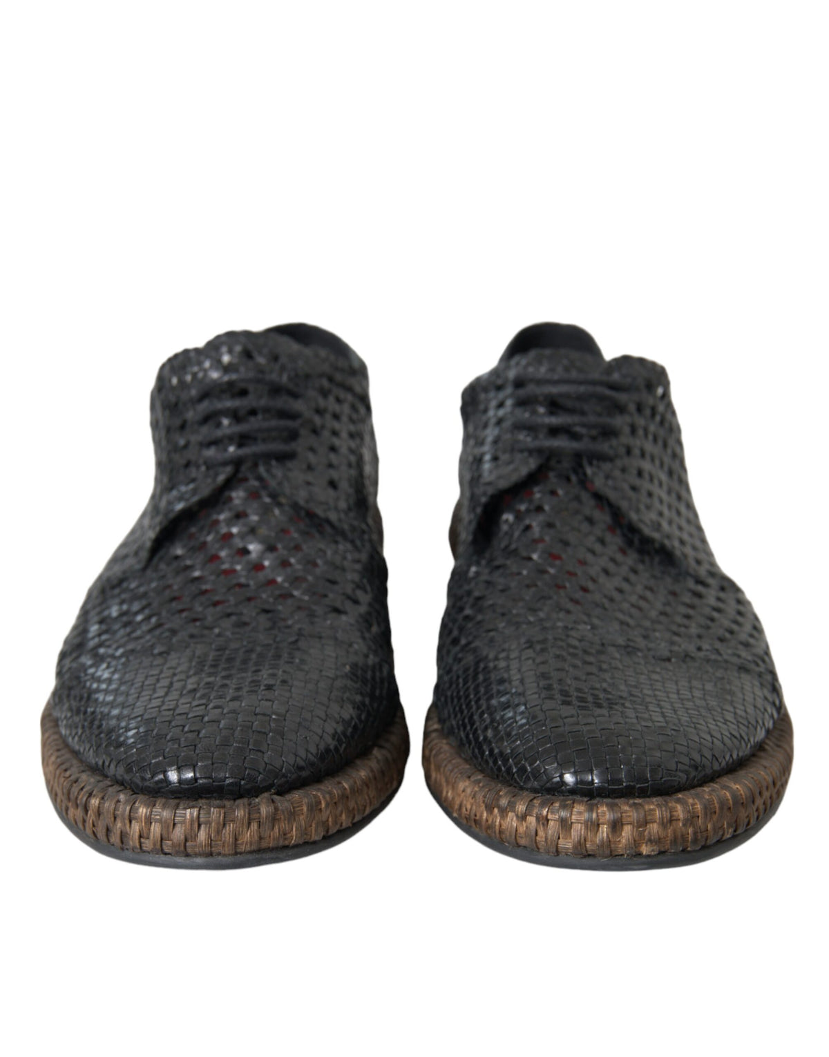 Black woven goat leather lace-up derby shoes by Dolce & Gabbana, showing detailed woven texture and classic design.