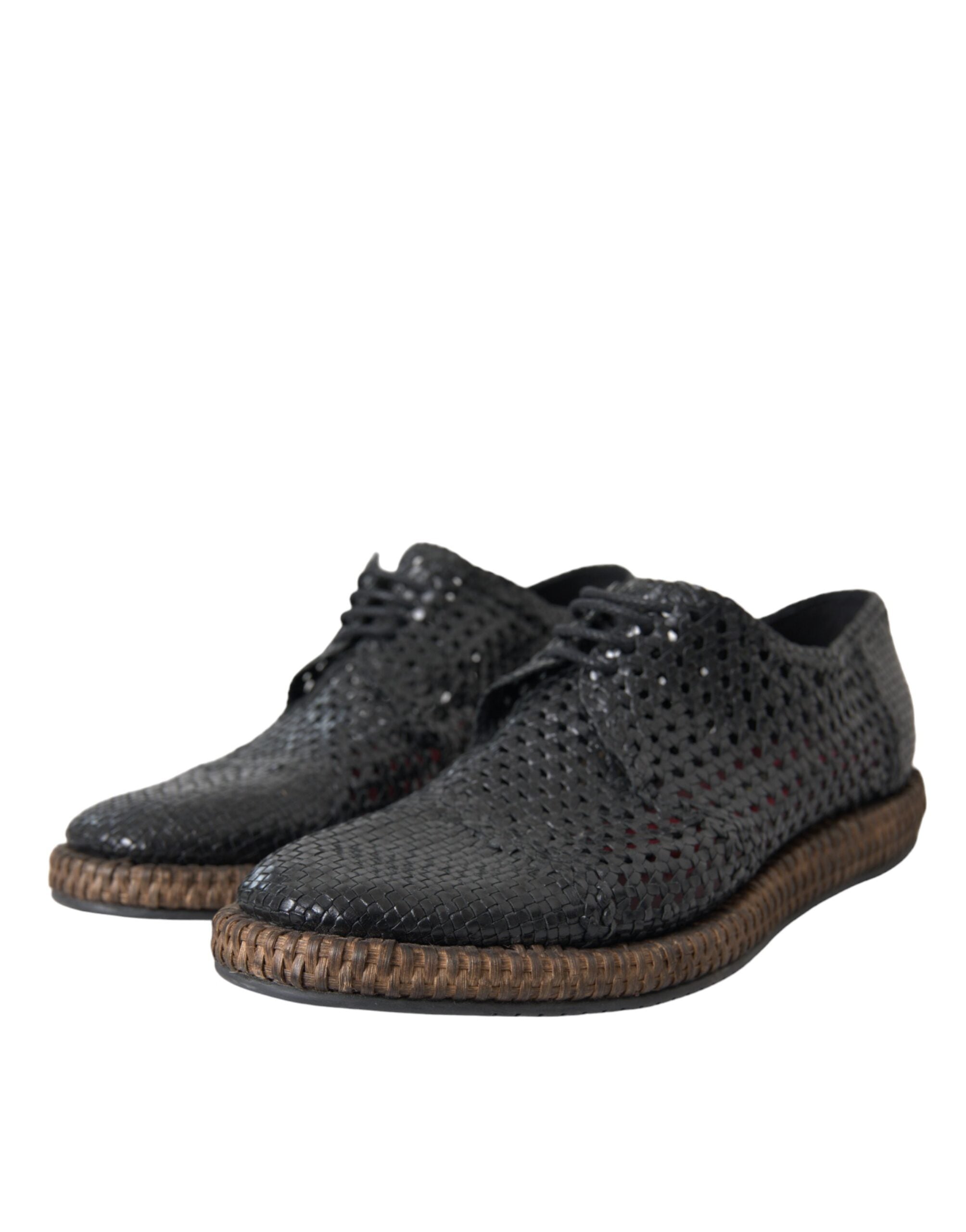 Black woven goat leather lace-up Derby shoes by Dolce & Gabbana, featuring detailed craftsmanship and classic design.