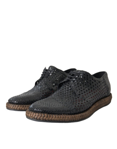 Black woven goat leather lace-up Derby shoes by Dolce & Gabbana, featuring detailed craftsmanship and classic design.