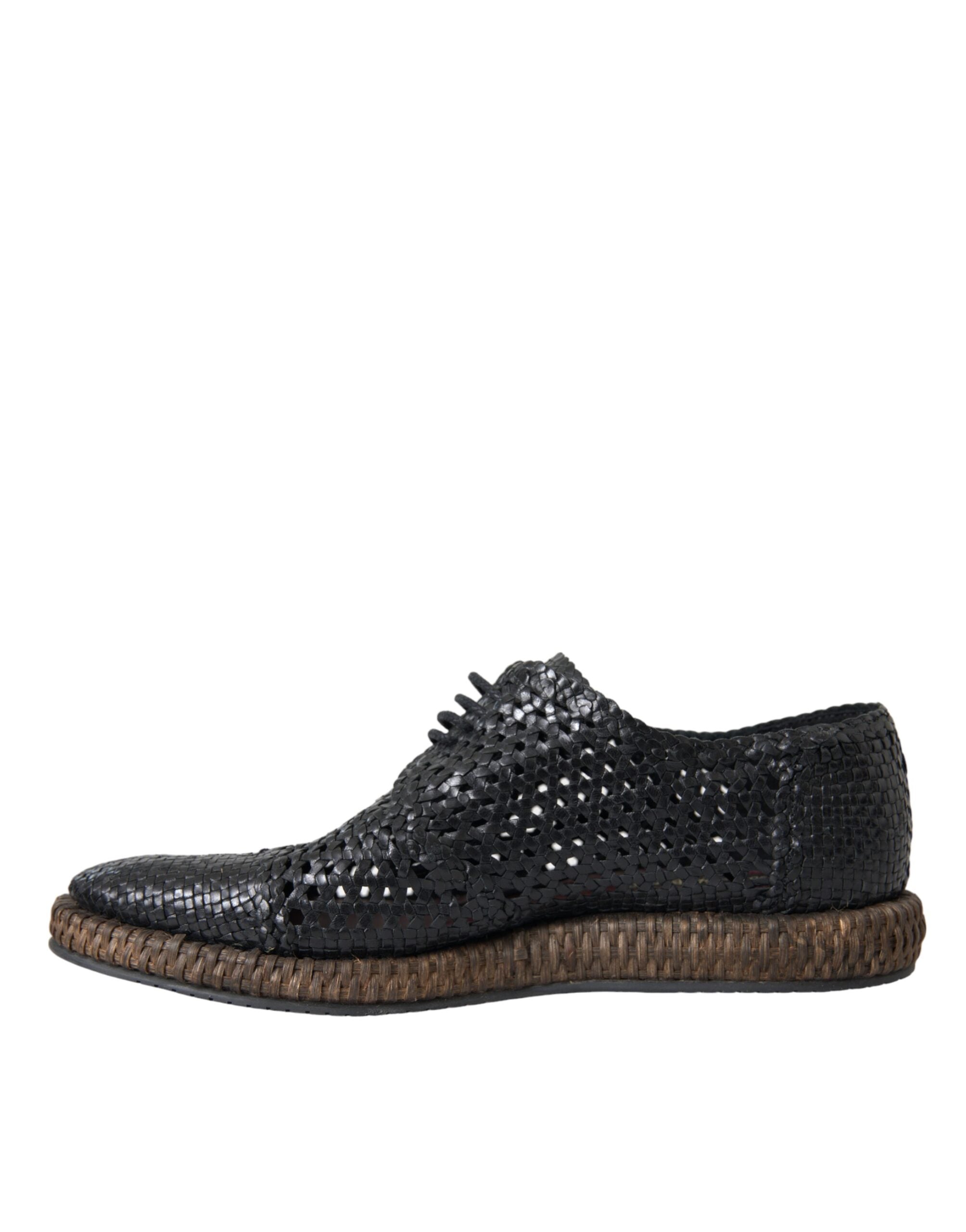 Black woven goat leather lace-up derby shoes by Dolce & Gabbana, featuring detailed craftsmanship and classic design.