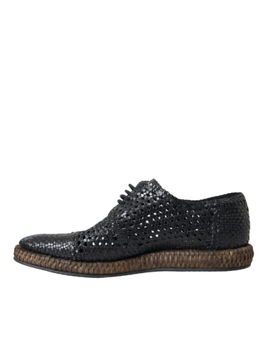 Black woven goat leather lace-up derby shoes by Dolce & Gabbana, featuring detailed craftsmanship and classic design.