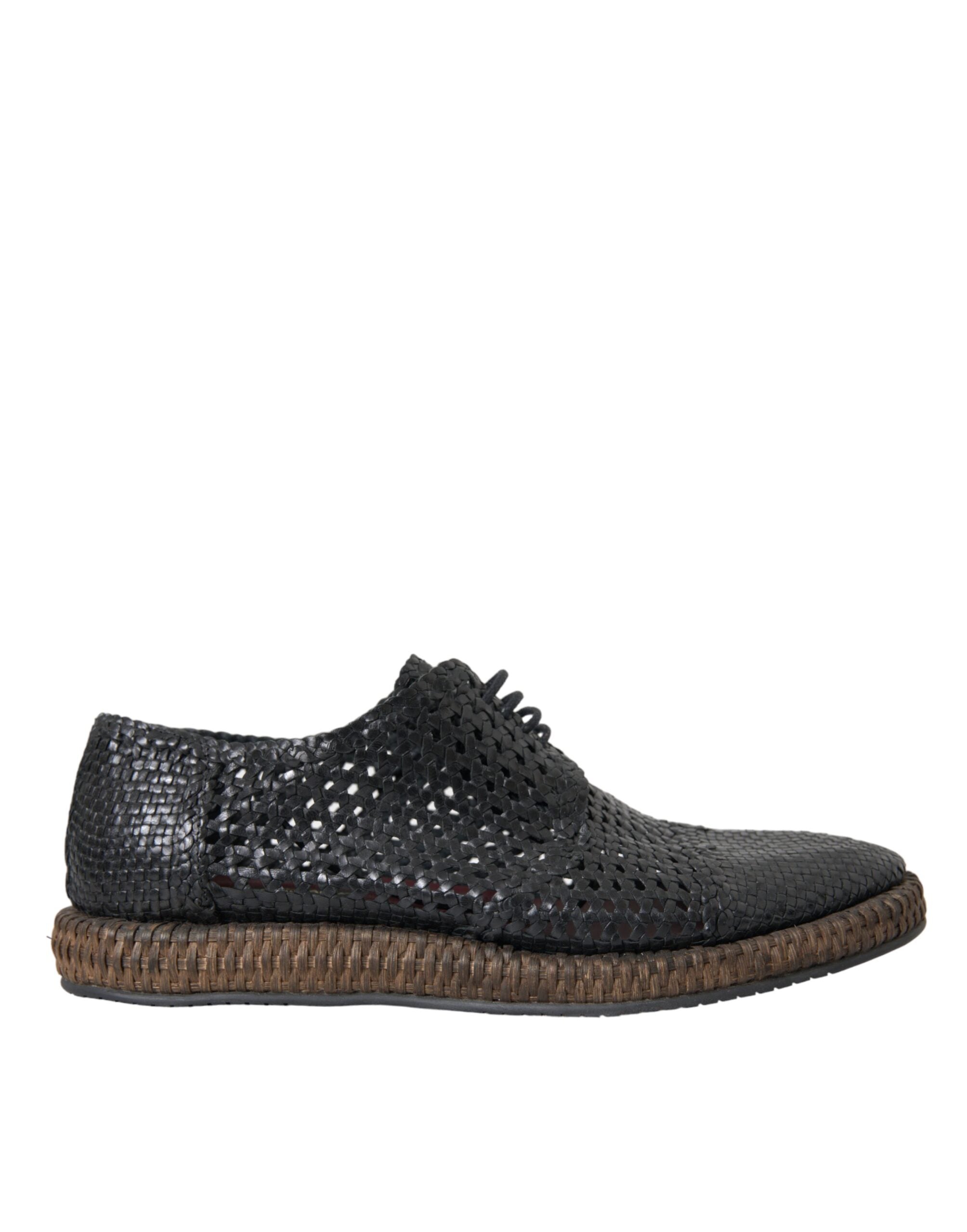 Black woven goat leather lace-up derby shoes by Dolce & Gabbana with detailed stitching and classic design.