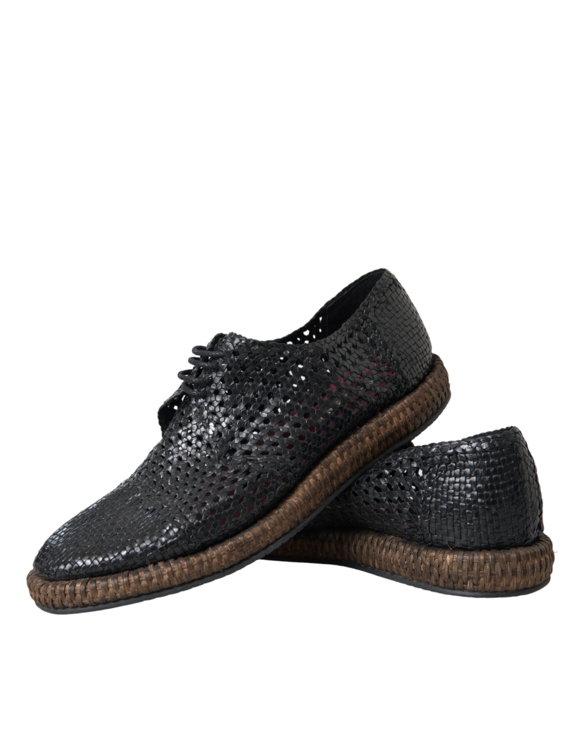 Black woven goat leather lace-up derby shoes by Dolce & Gabbana, featuring a sleek design and detailed craftsmanship.