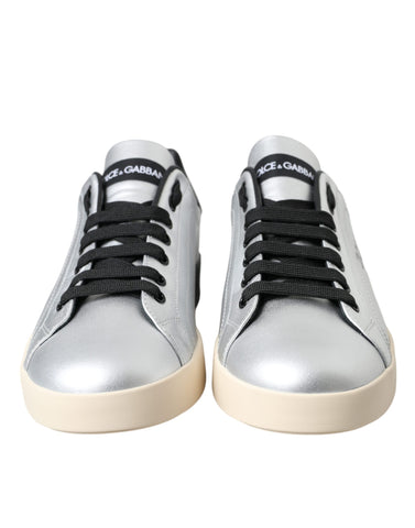 Silver Portofino calf leather sneakers for men by Dolce & Gabbana, featuring sleek design and stylish laces.