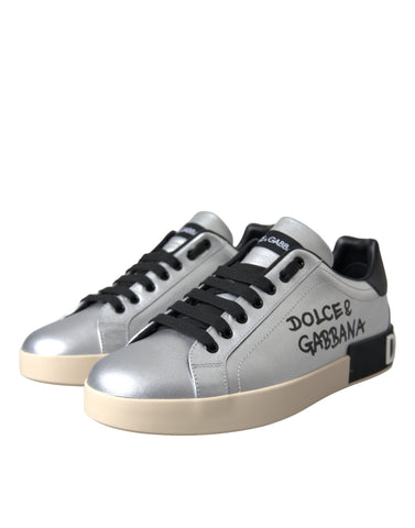 Dolce & Gabbana Silver Portofino Calf Leather Sneakers for men, featuring sleek design and premium calf leather material.