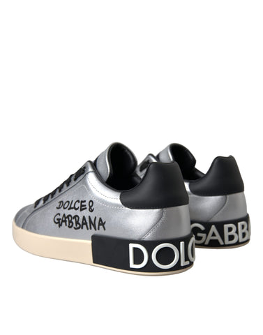 Silver Portofino calf leather sneakers for men by Dolce & Gabbana with sleek design and lace-up closure.