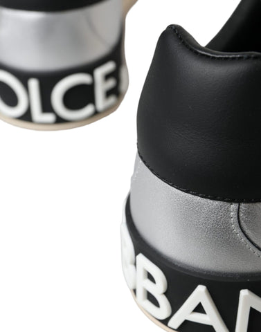 Dolce & Gabbana silver Portofino calf leather sneakers for men, stylish casual shoes with sleek design and lace-up closure.