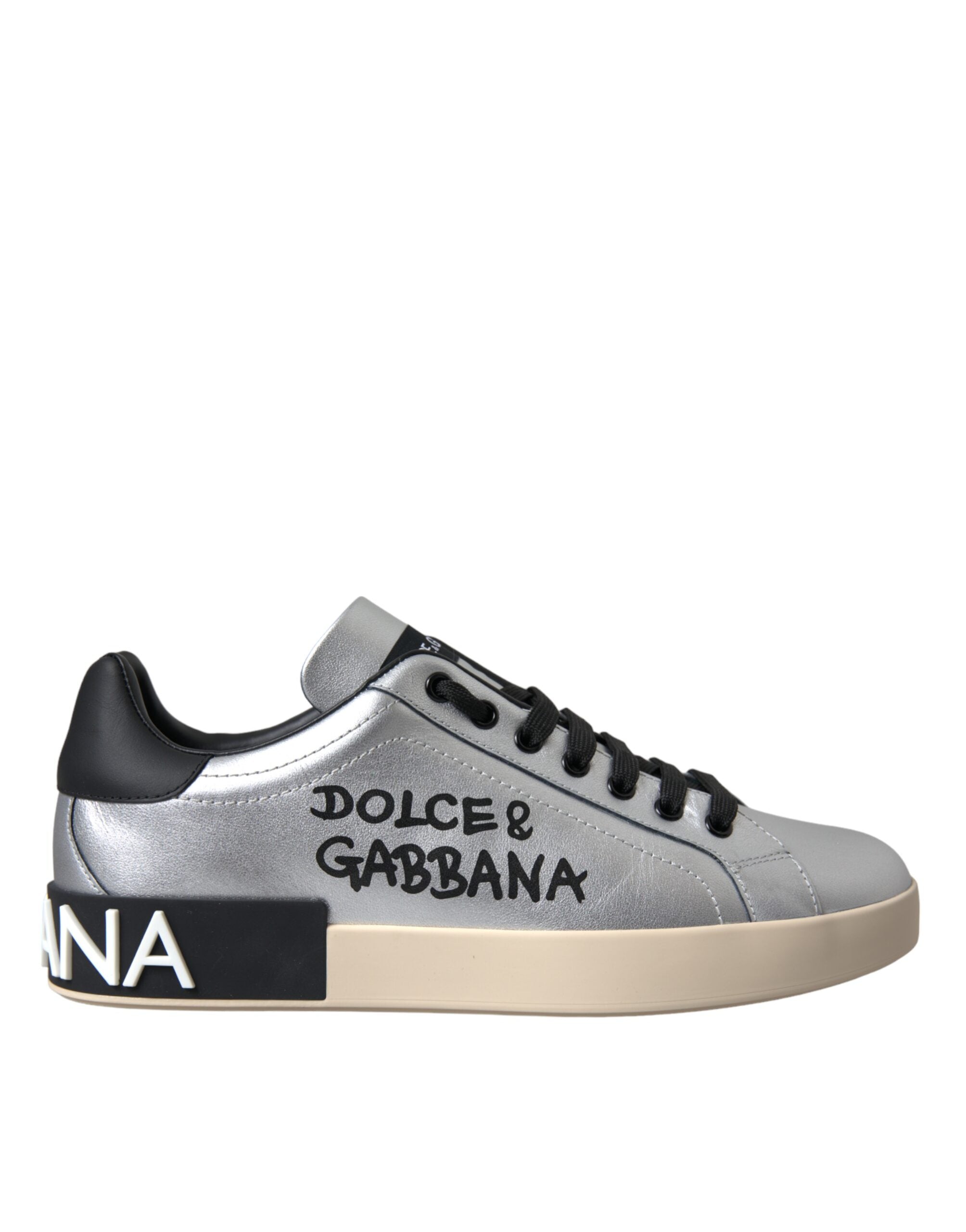 Silver Portofino calf leather sneakers for men by Dolce & Gabbana, featuring stylish design and lace-up closure.