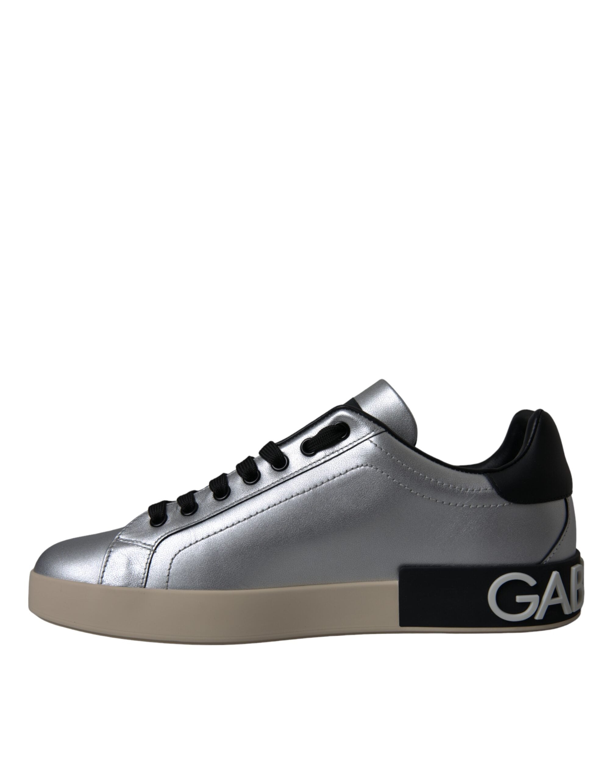 Silver Portofino calf leather sneakers for men by Dolce & Gabbana, featuring sleek design and stylish sneaker details.