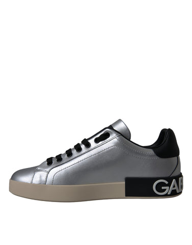 Silver Portofino calf leather sneakers for men by Dolce & Gabbana, featuring sleek design and stylish sneaker details.