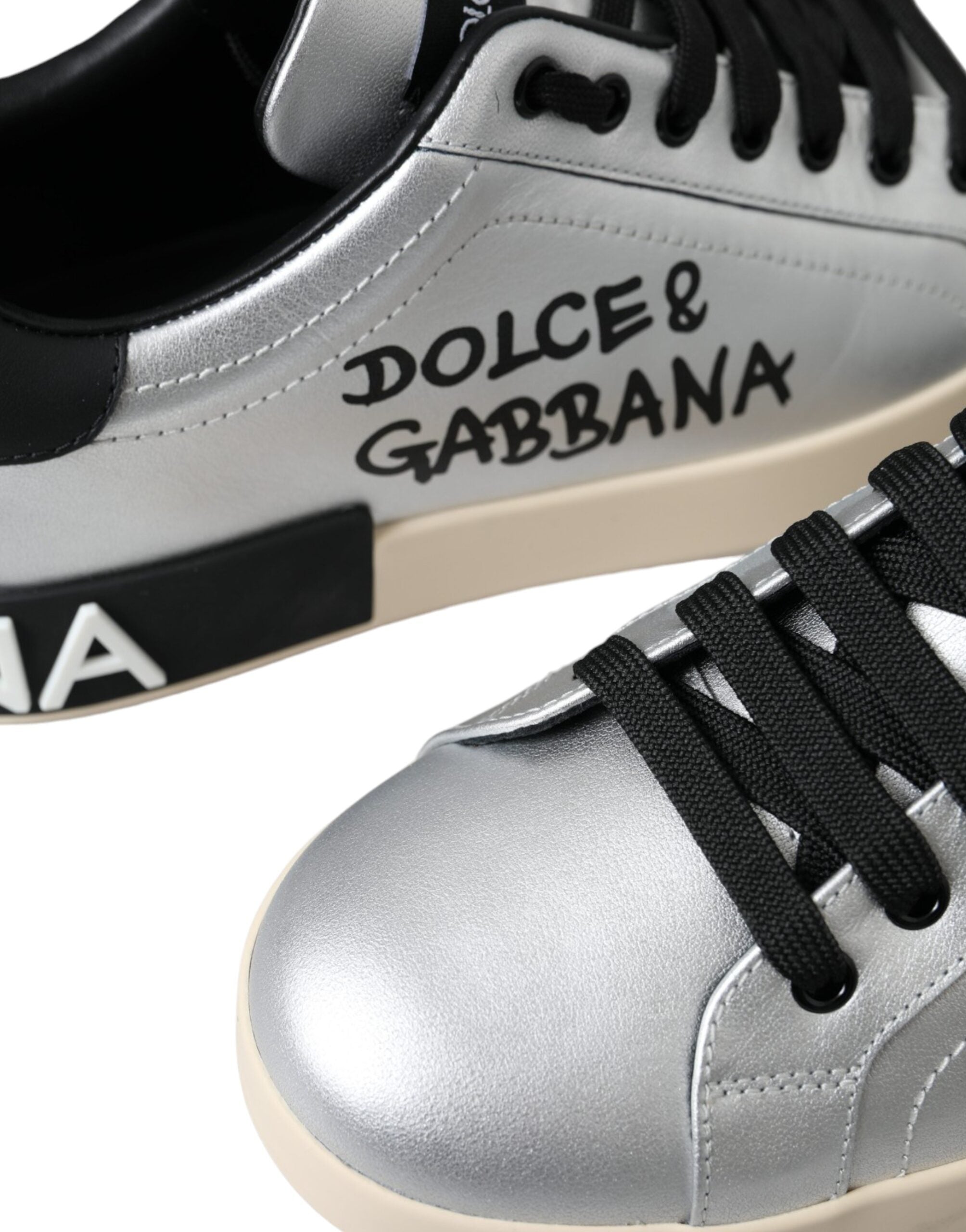 Silver Portofino calf leather sneakers for men by Dolce & Gabbana, featuring stylish design and sleek silhouette.