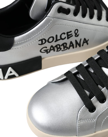 Silver Portofino calf leather sneakers for men by Dolce & Gabbana, featuring stylish design and sleek silhouette.