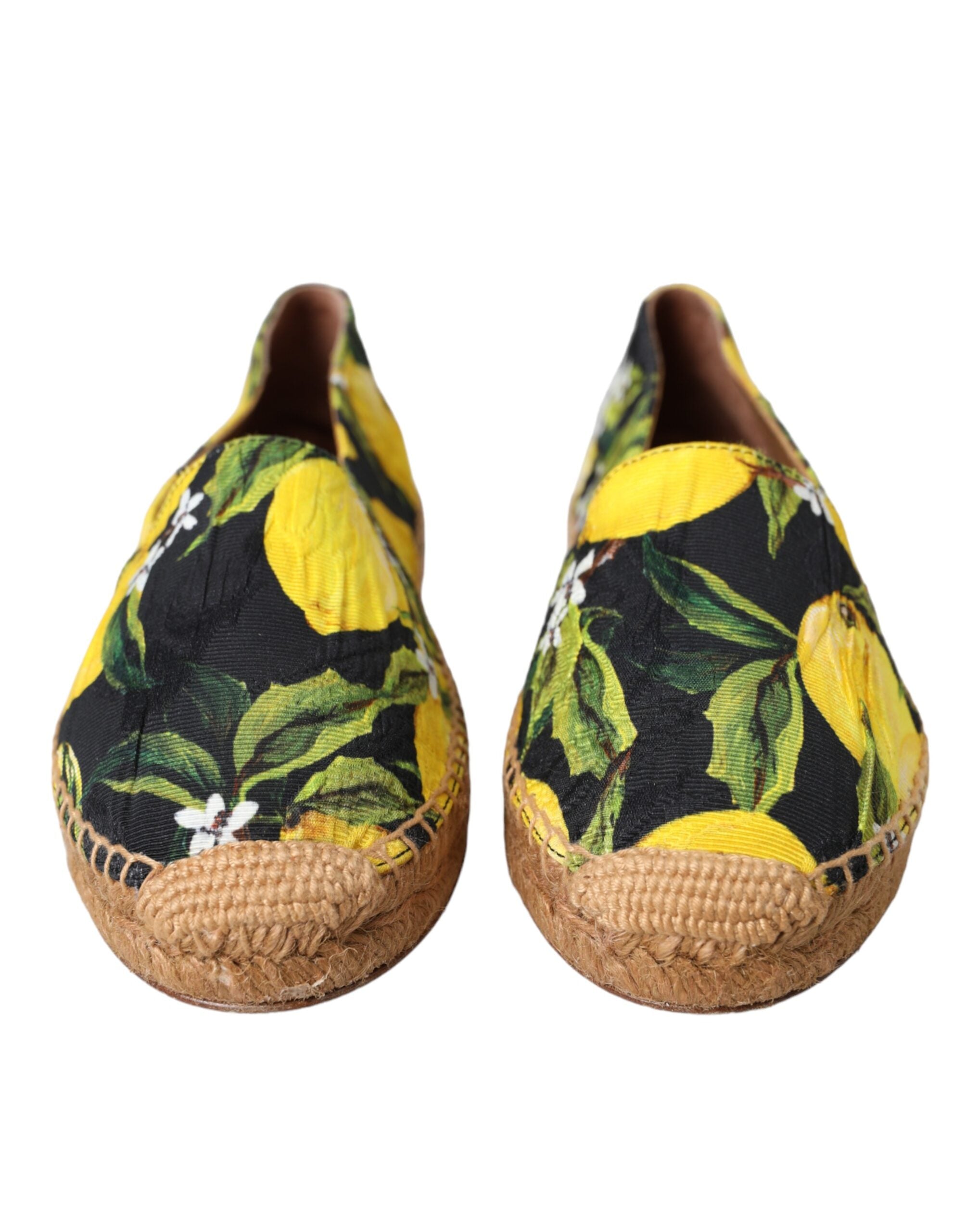 Multicolor lemon slip-on espadrille shoes by Dolce & Gabbana with woven fabric and rubber sole, featuring vibrant lemon patterns.