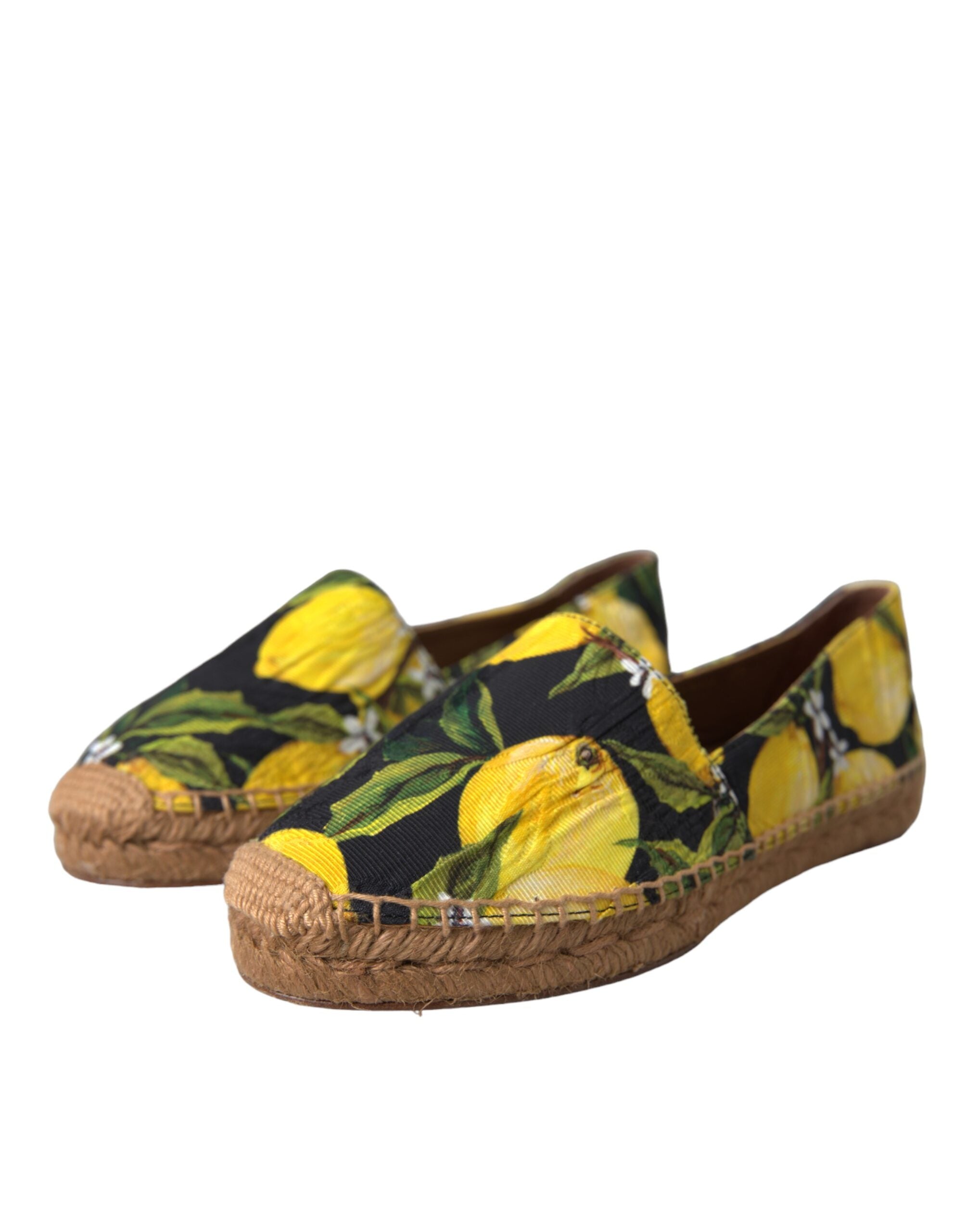 Multicolor lemon slip-on espadrille shoes by Dolce & Gabbana with woven jute sole and vibrant lemon pattern.