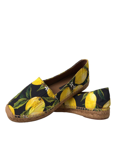 Multicolor lemon slip-on espadrille shoes by Dolce & Gabbana with woven jute sole and vibrant fruit print design.